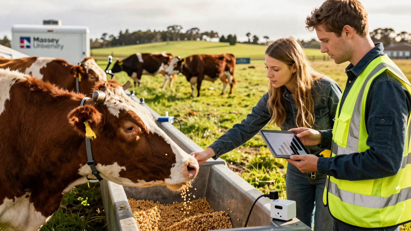 Deux agriculteurs surveillent et nourrissent une vache dans un champ, utilisant une tablette pour collecter des données.