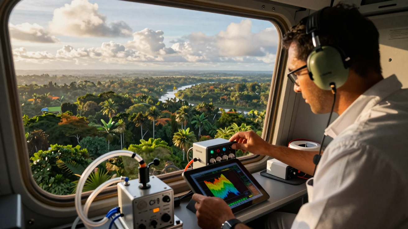 Un homme avec casque écouteur analyse des données sur une tablette dans un avion au-dessus d'une forêt verte.