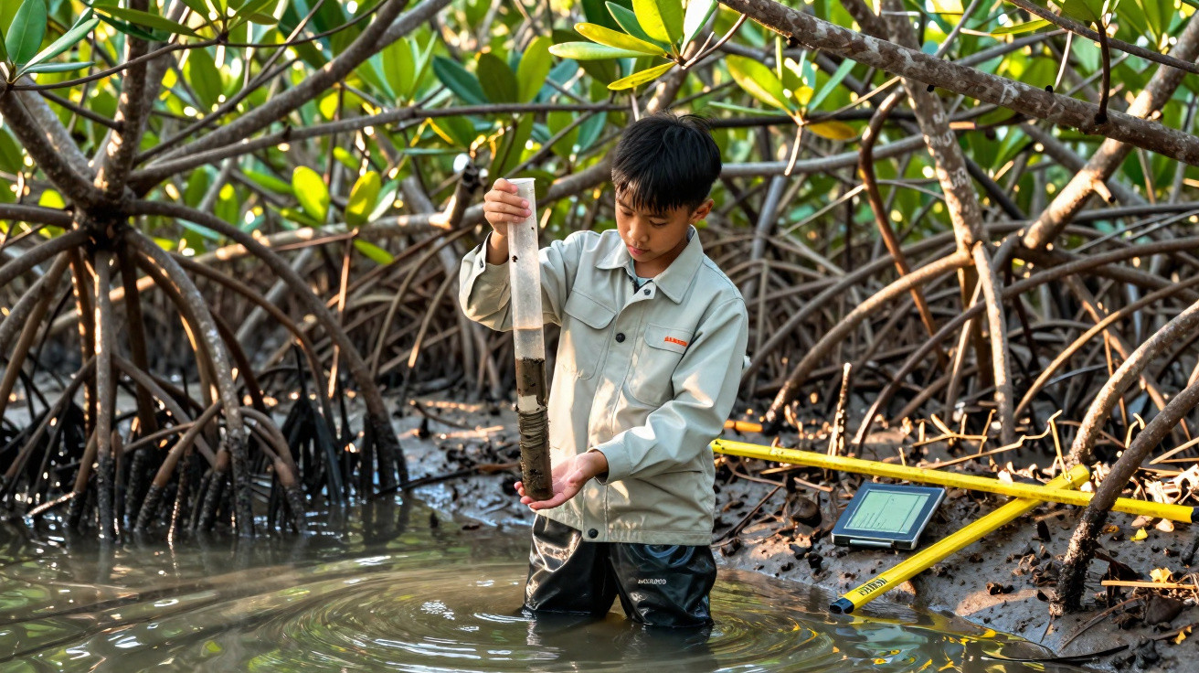 Enfant en tenue de terrain prélevant un échantillon d'eau dans une mangrove dense au soleil couchant.