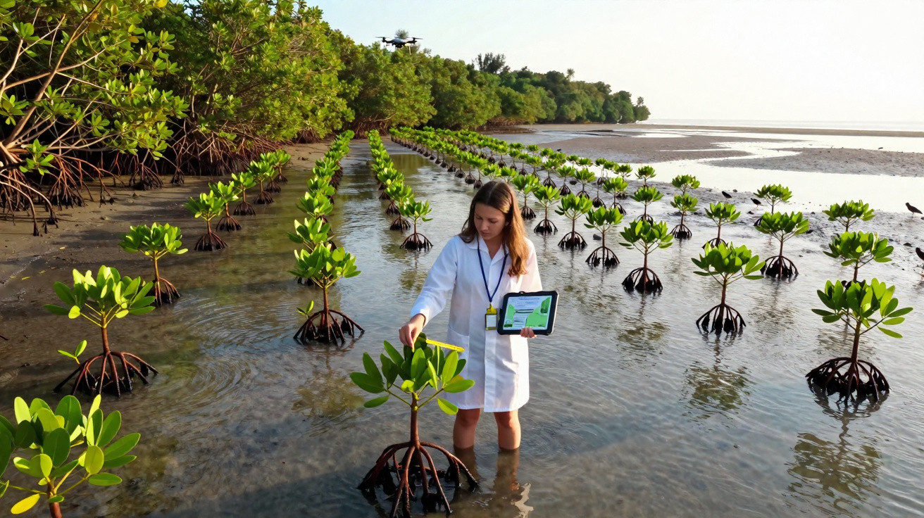 Femme en blouse blanche inspectant des jeunes plants de mangroves en eau peu profonde, tenant une tablette numérique.