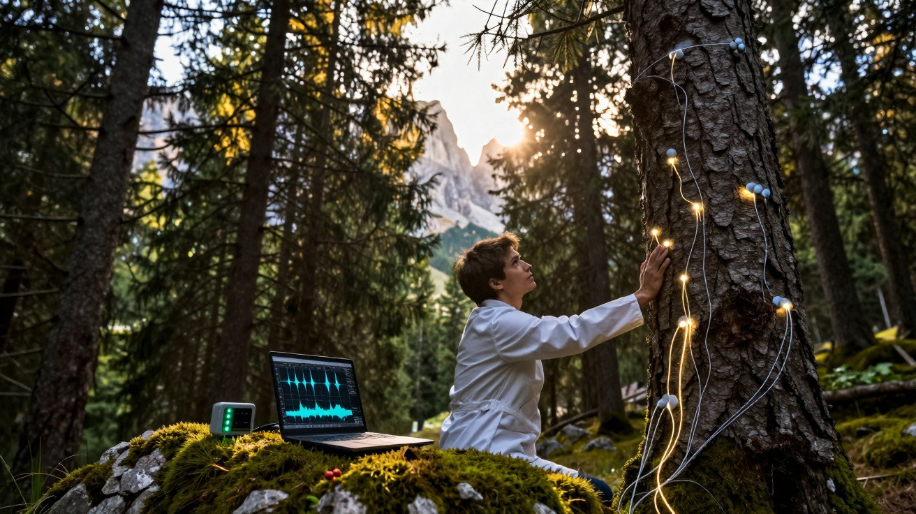 Chercheur en blouse blanche analyse un arbre avec des capteurs, forêt montagneuse au coucher du soleil.