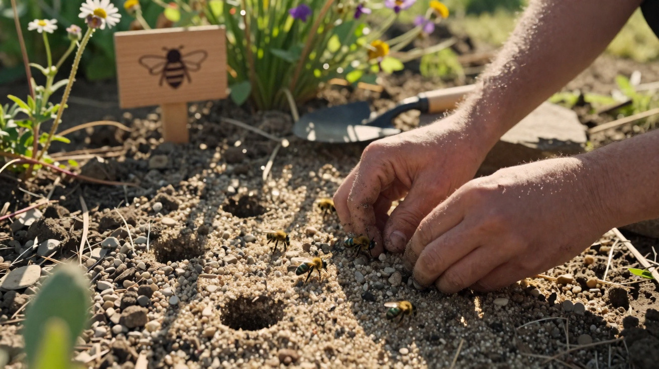 Mains humaines manipulant du sol granuleux avec des abeilles et panneaux de sensibilisation dans un jardin fleuri.