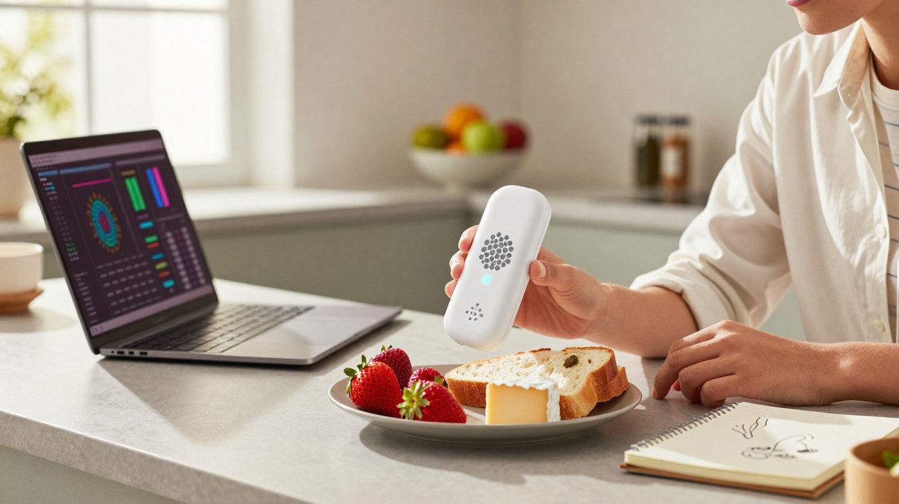 Personne utilisant un détecteur d'allergènes sur une assiette avec pain, fromage et fraises près d'un ordinateur portable.