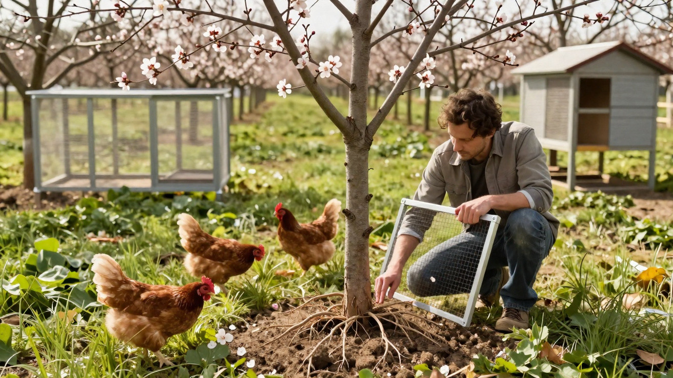 Un homme plante un arbre en fleurs entouré de poules dans un jardin au printemps.