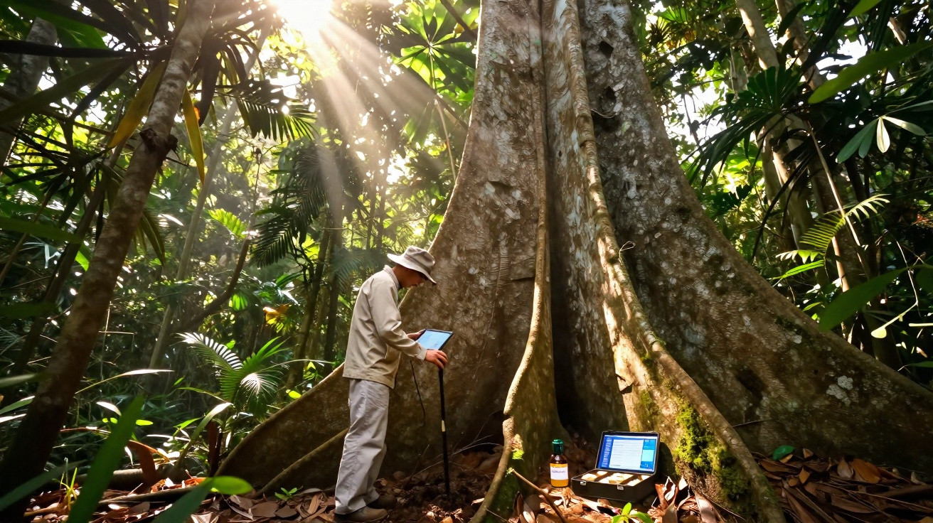 Chercheur en forêt tropicale utilise tablette et ordinateur portable près d'un grand arbre sous un rayon de soleil.
