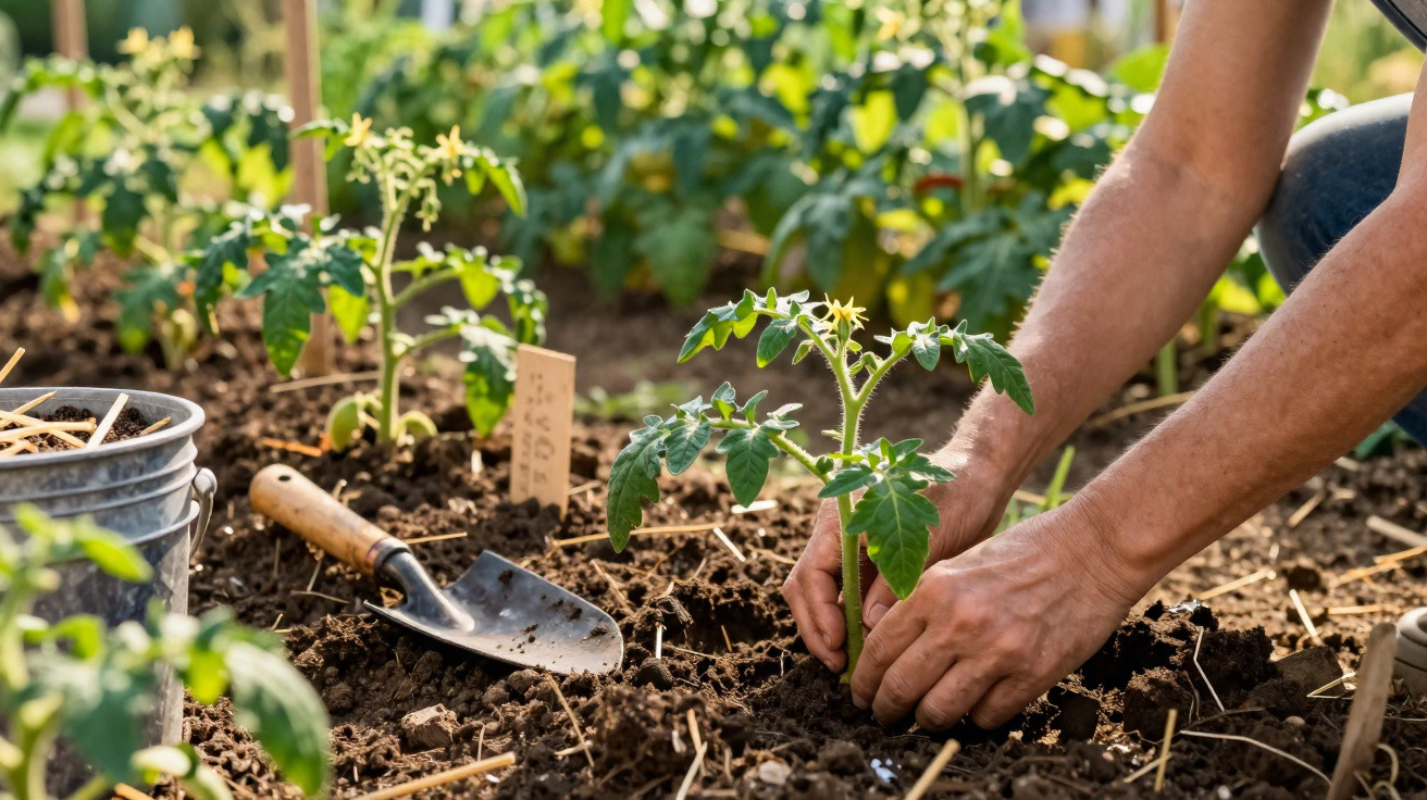 Une personne plante un jeune pied de tomate dans un jardin avec un outil de jardinage à côté.