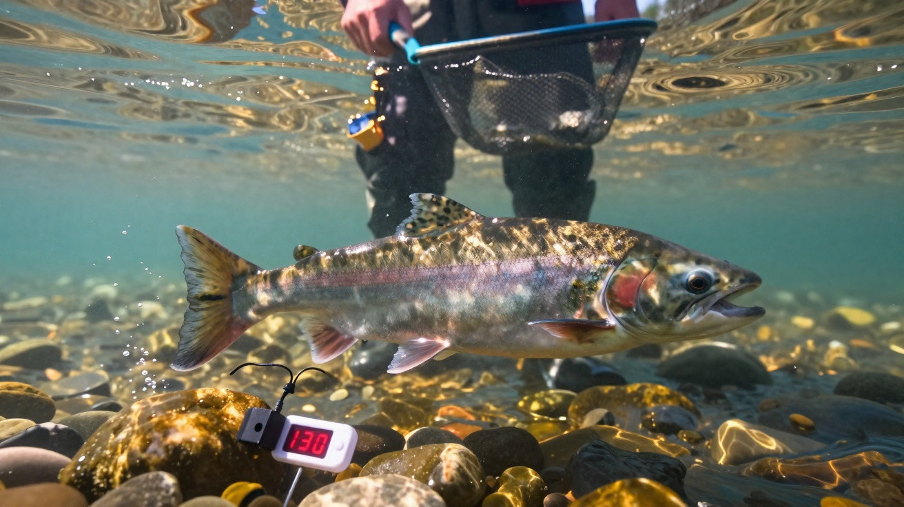 Un poisson truite dans l'eau claire au-dessus d'un lit de galets, avec un pêcheur et un filet en arrière-plan.