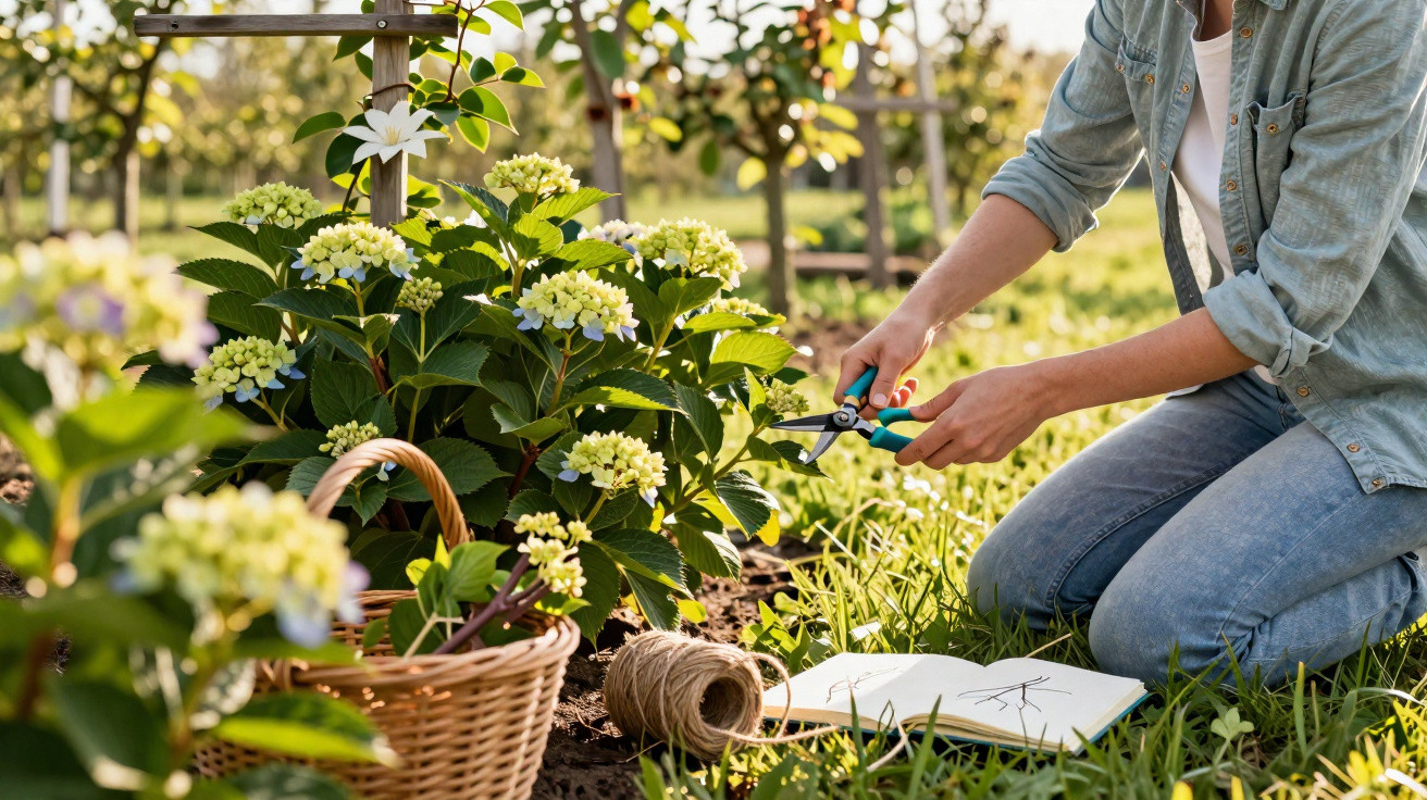 Personne en jean taillant des fleurs dans un jardin avec un panier, une bobine de ficelle et un carnet ouvert.