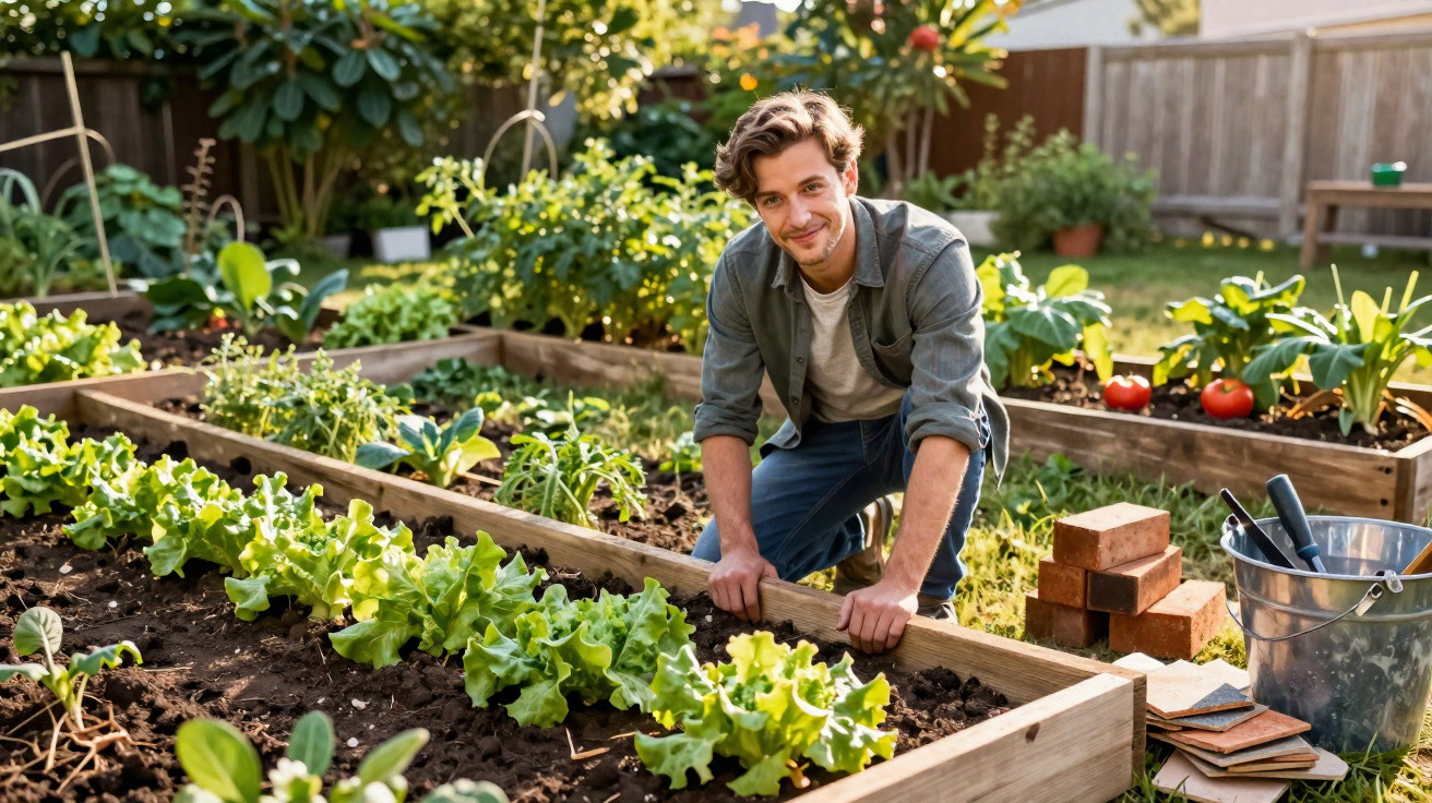 Jeune homme souriant jardinant dans un potager avec des légumes verts et des plants de tomates en arrière-plan.