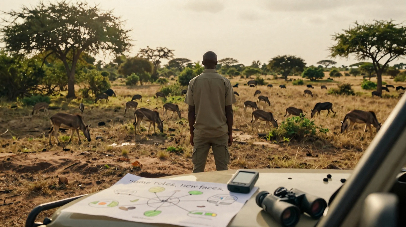 Homme debout dans la savane observant un troupeau de gazelles au coucher du soleil, jumelles et carte sur le véhicule.