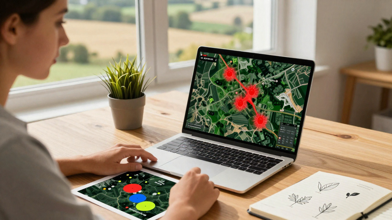 Personne travaillant sur un ordinateur portable et une tablette affichant des cartes avec zones en surbrillance rouge.