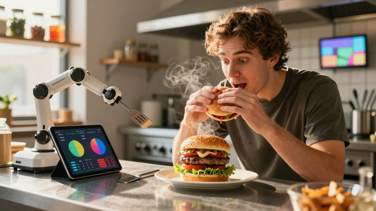 Jeune homme surpris mangeant un burger chaud devant un robot préparant ses frites dans une cuisine moderne.