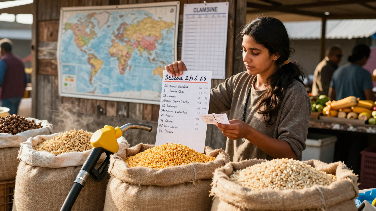 Jeune femme au marché vendant des sacs de céréales avec carte et carte du monde en arrière-plan.