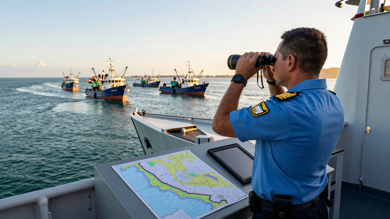 Un officier en uniforme bleu regarde des bateaux de pêche avec des jumelles depuis le pont d'un navire.