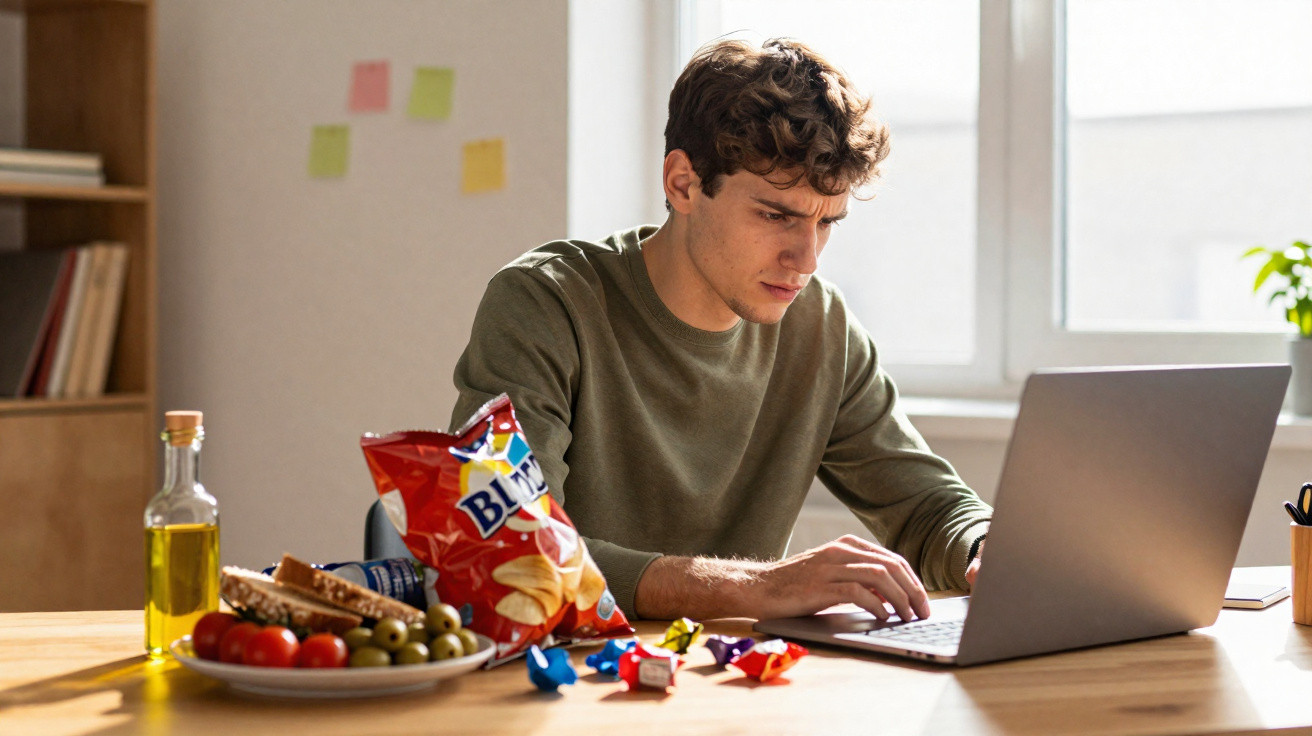 Jeune homme concentré travaillant sur un ordinateur portable avec des snacks sur une table en bois clair.