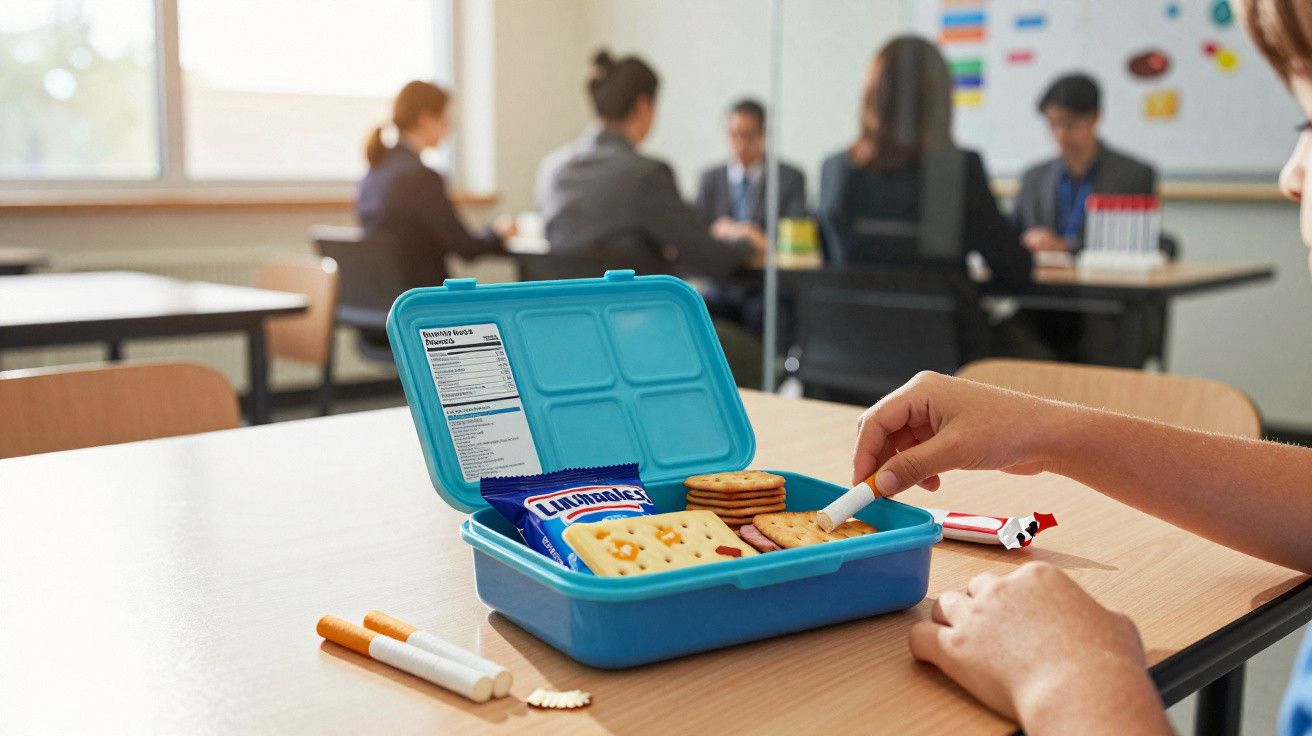 Boîte bleue ouverte avec biscuits, bonbons et cigarettes factices sur une table, personnes en arrière-plan.