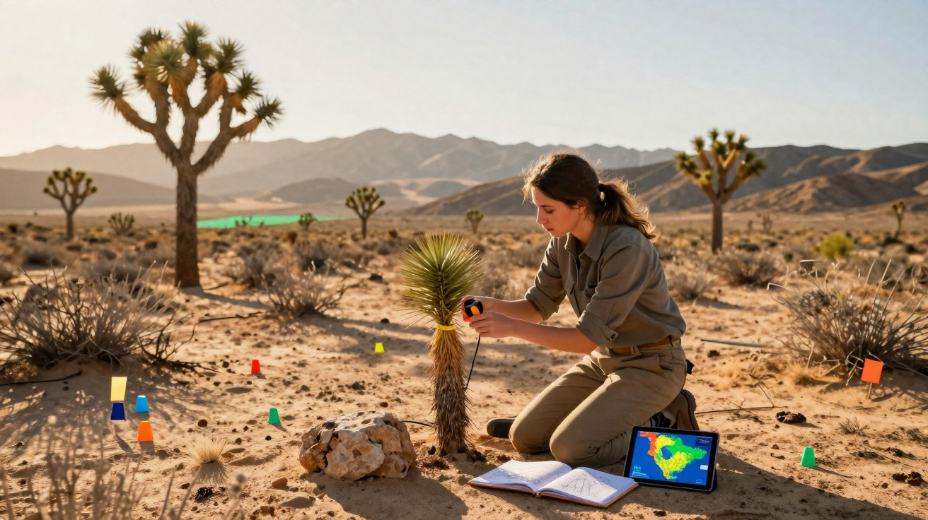 Jeune femme en tenue de terrain mesurant un arbre dans un désert avec tablette et carnet de notes au sol.