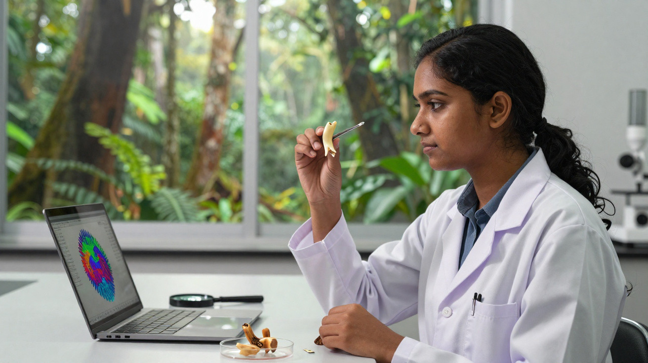 Chercheuse en blouse blanche examinant un champignon avec une pince dans un laboratoire lumineux avec un ordinateur.