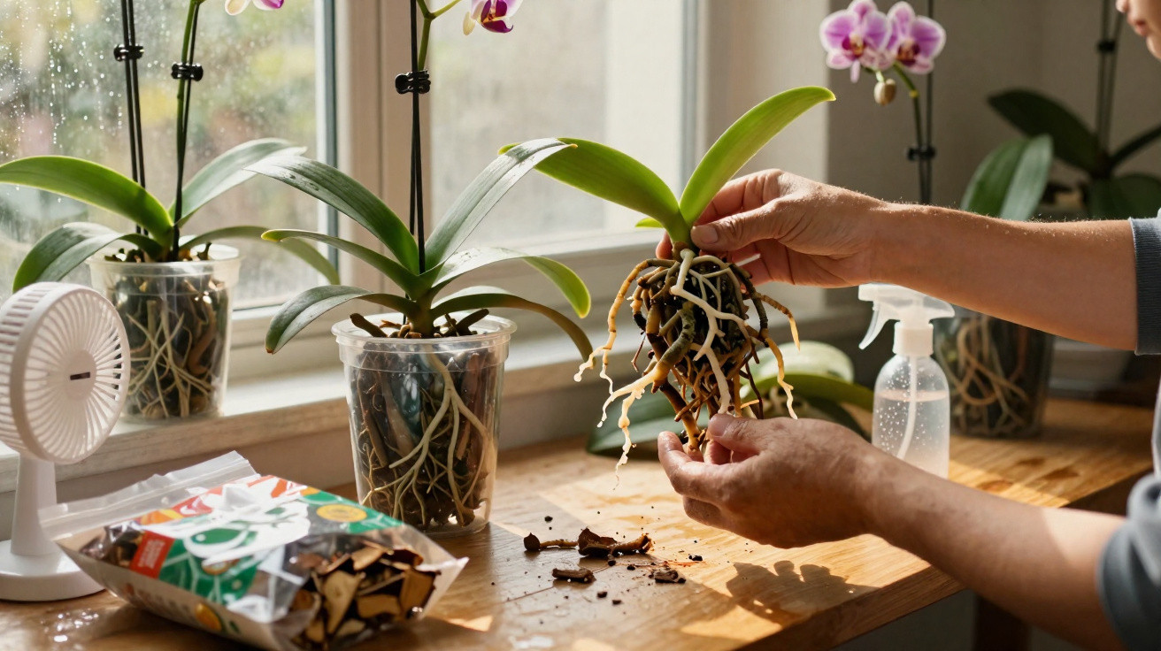 Personne tenant une orchidée avec racines apparentes près d'une fenêtre avec plusieurs orchidées en pots.