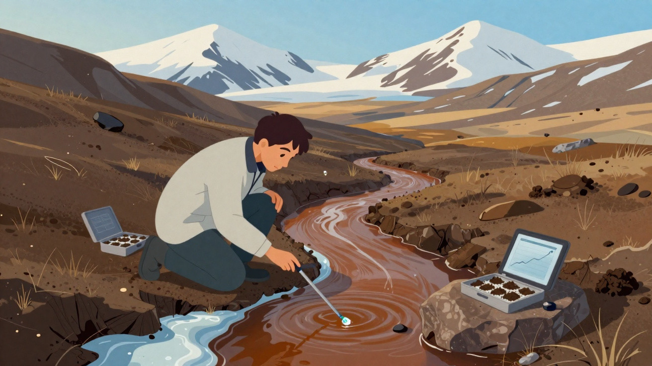 Chercheur prélevant un échantillon d'eau dans une rivière en montagne avec ordinateur portable et kit d'analyse.