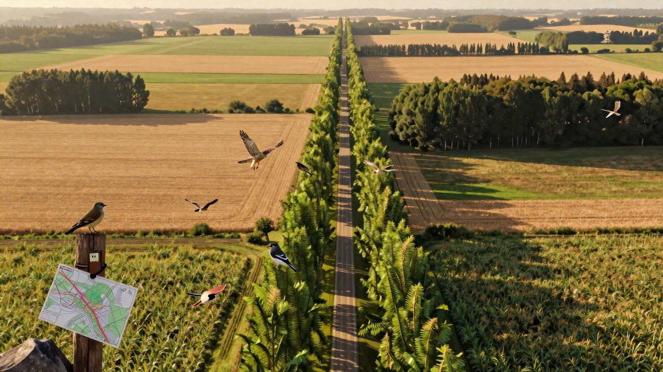 Vue aérienne d'une route bordée d'arbres entre champs agricoles avec plusieurs oiseaux en vol au coucher du soleil.