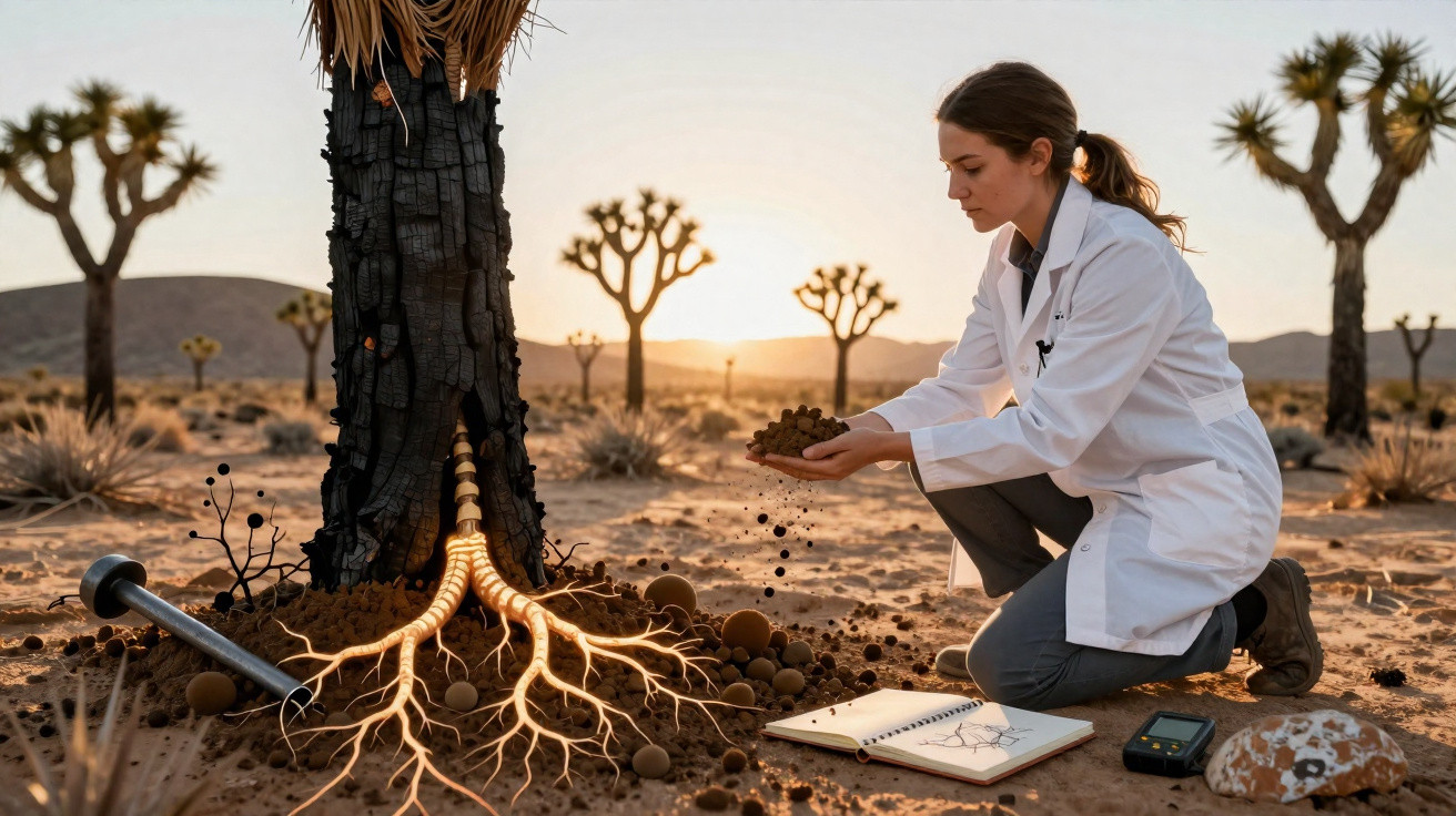 Scientifique en blouse blanche analyse le sol près des racines d’un arbre dans un désert au coucher du soleil.