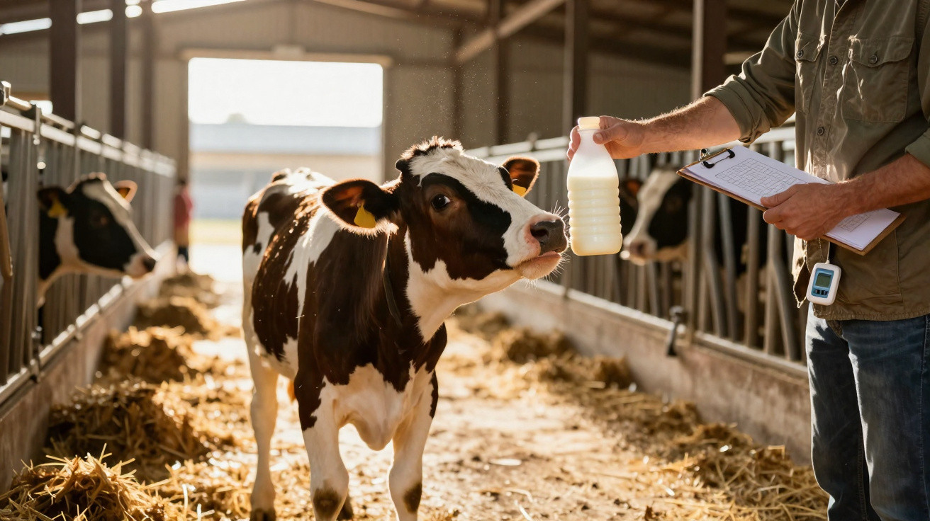 Un agriculteur tend une bouteille de lait à une vache dans une étable éclairée par le soleil.