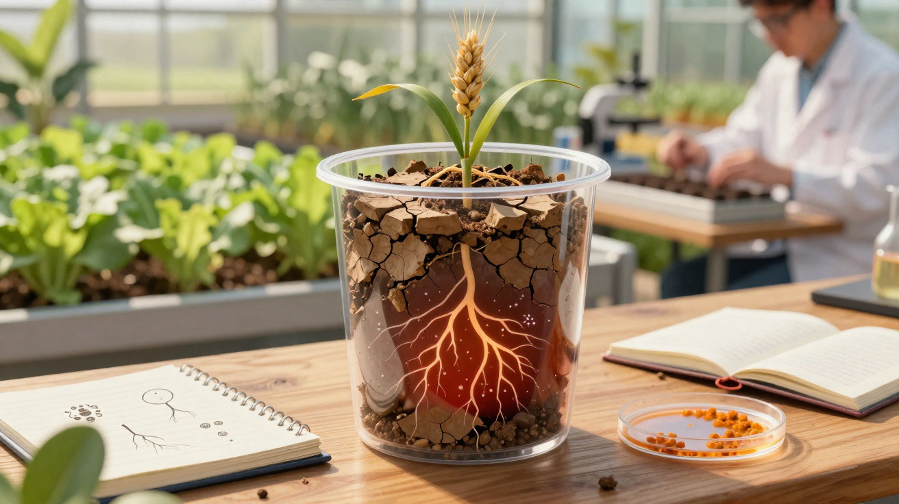 Jeune plant de blé en pot transparent montrant les racines et la terre sèche, environnement de laboratoire végétal.