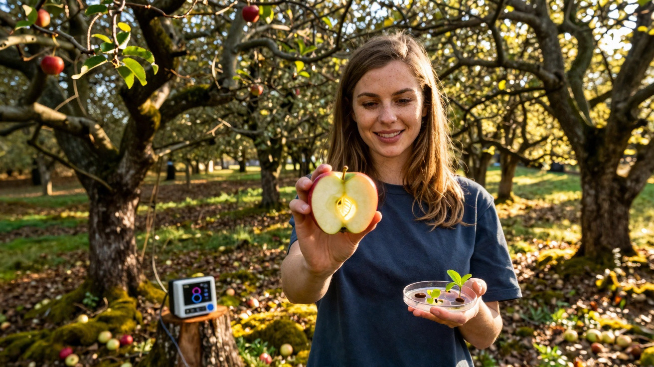 Jeune femme dans un verger montrant une pomme coupée et un plateau avec des plants de pommes en germination.