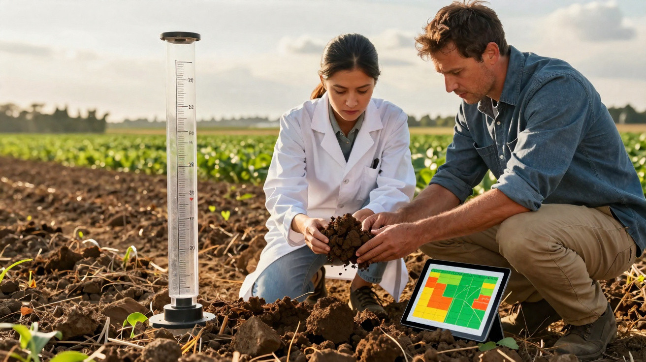 Deux agronomes analysant la qualité du sol dans un champ avec tablette et instruments de mesure.