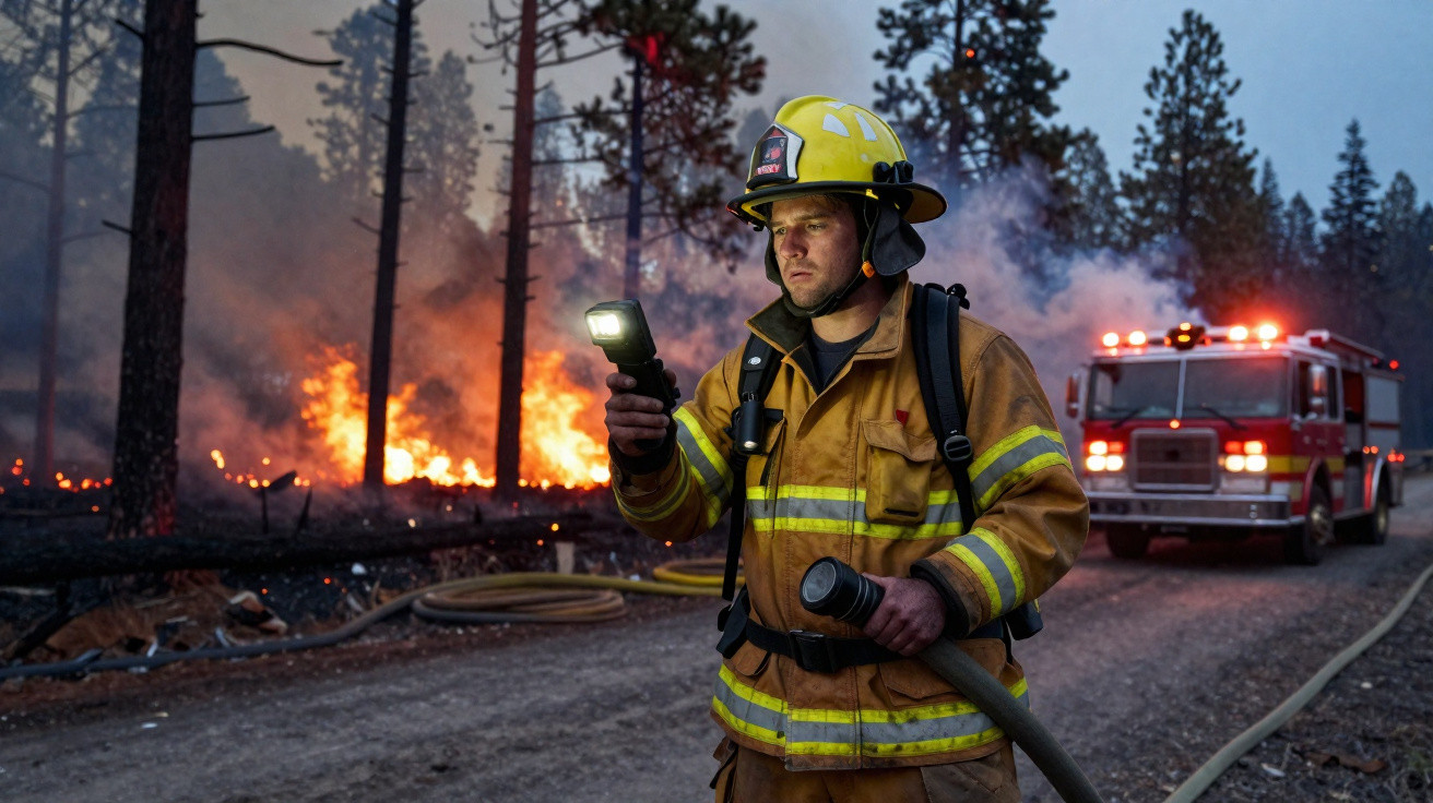 Pompier en tenue complète avec casque, tenant une lampe, devant un feu de forêt et un camion de pompiers allumé.