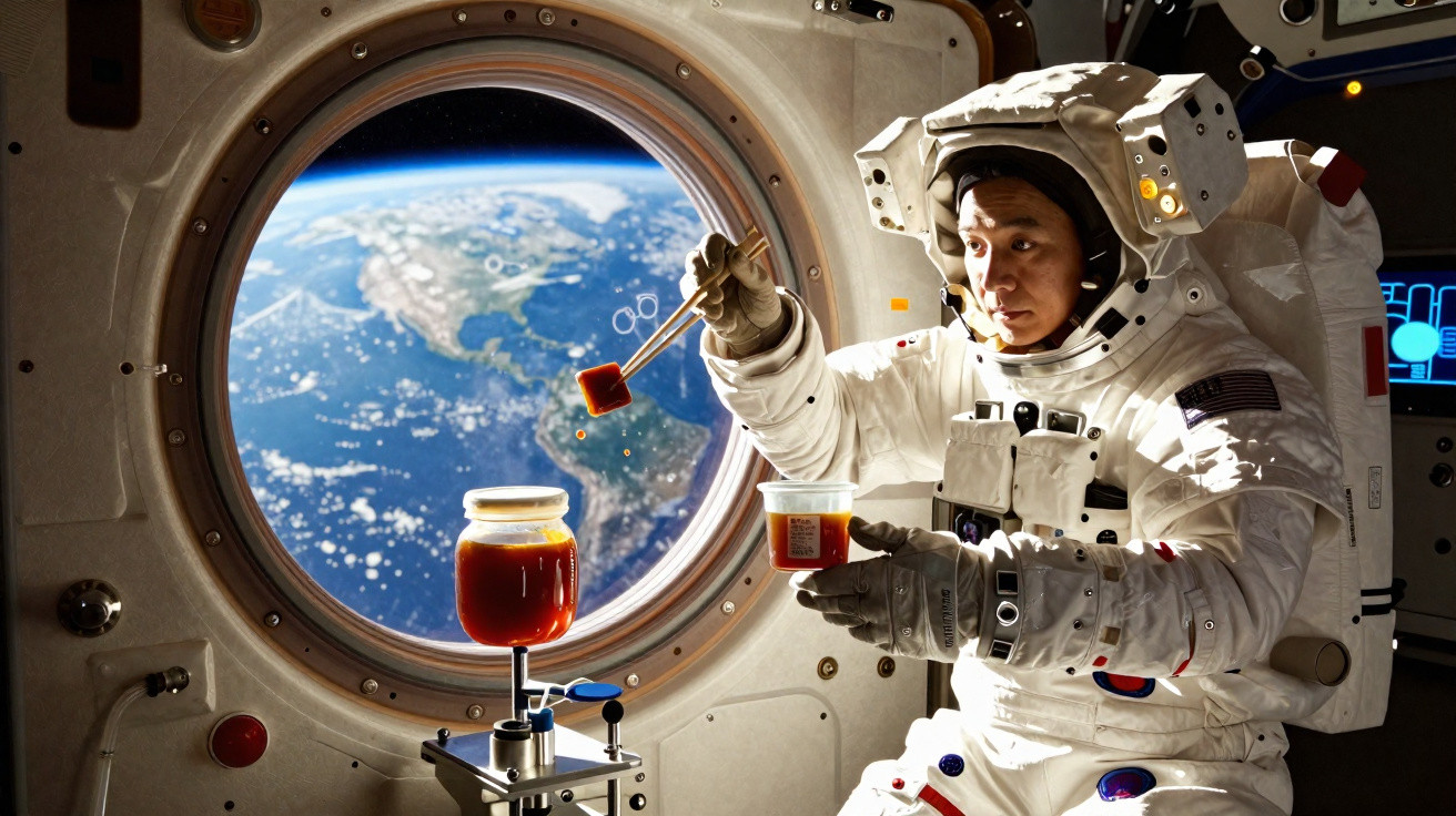 Astronaute en combinaison spatiale manipulant un récipient avec la Terre visible par un hublot en arrière-plan.