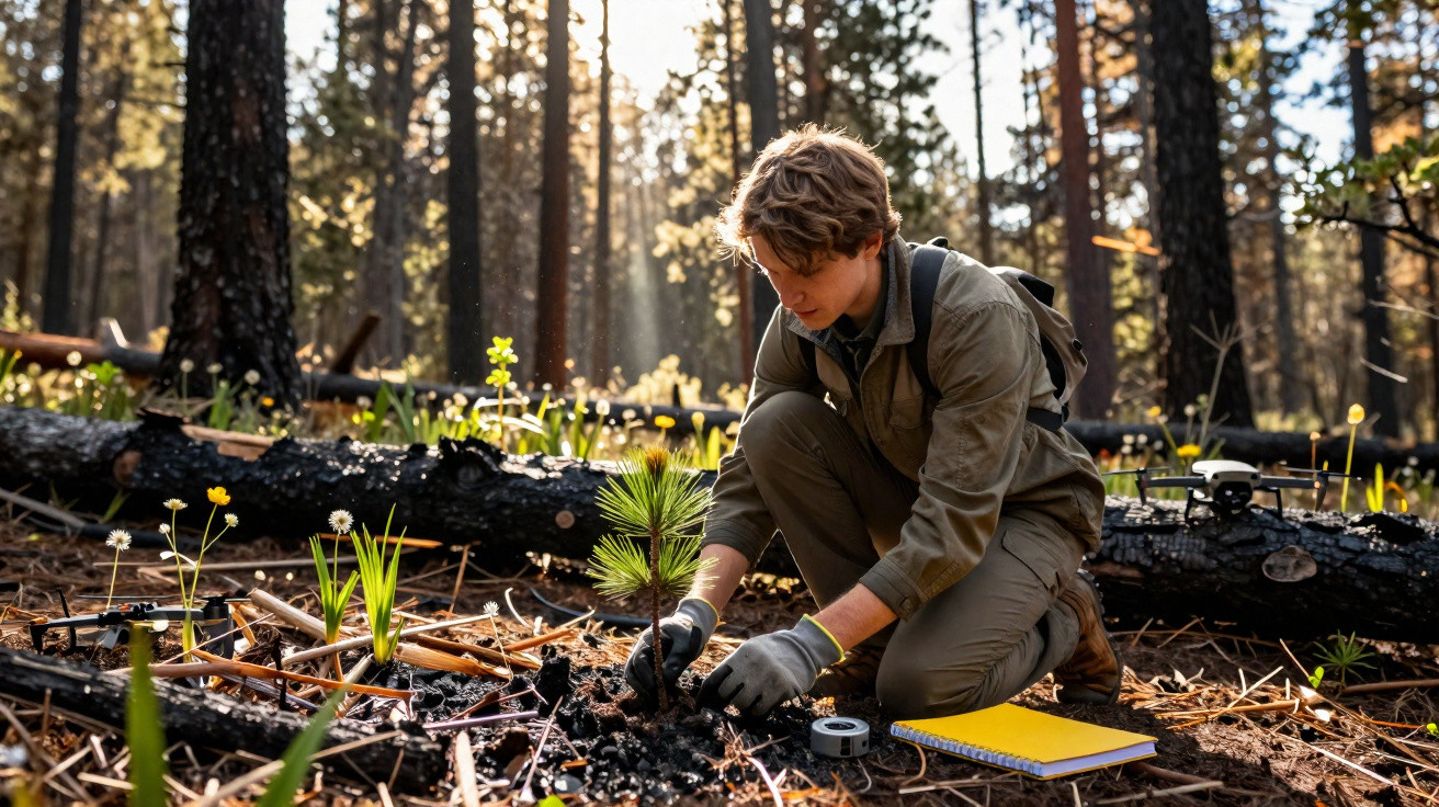 Jeune homme plante un petit arbre dans une forêt ensoleillée après un incendie, carnet et drone au sol.