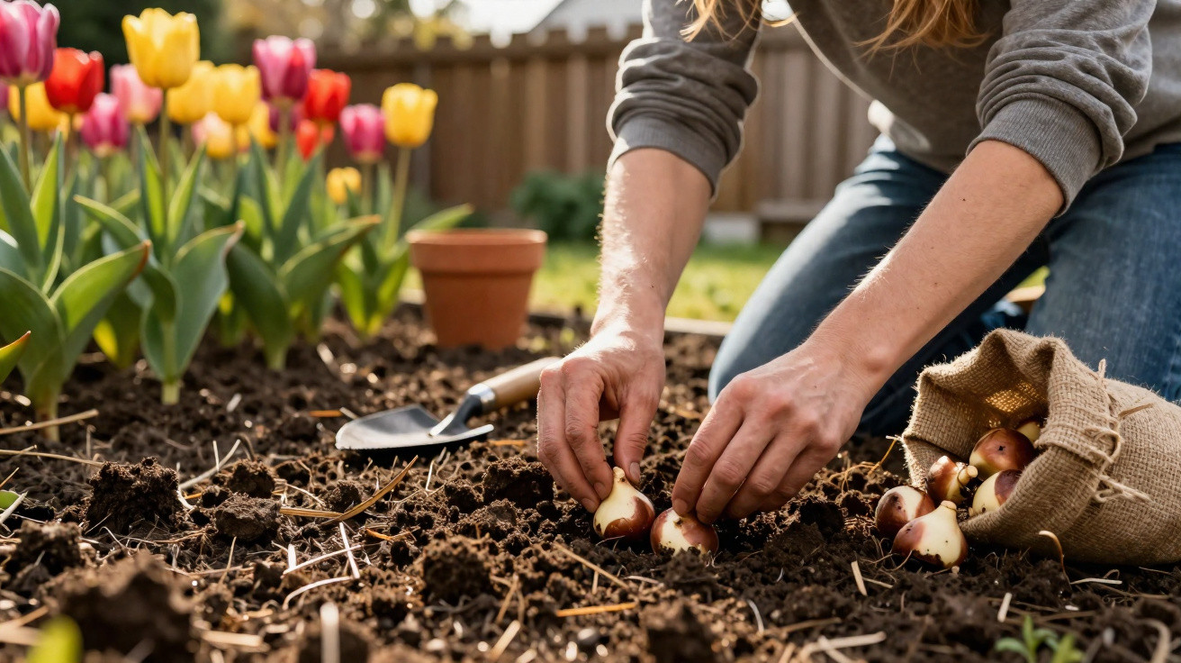 Personne plantant des bulbes de tulipes dans un jardin avec des fleurs colorées en arrière-plan.
