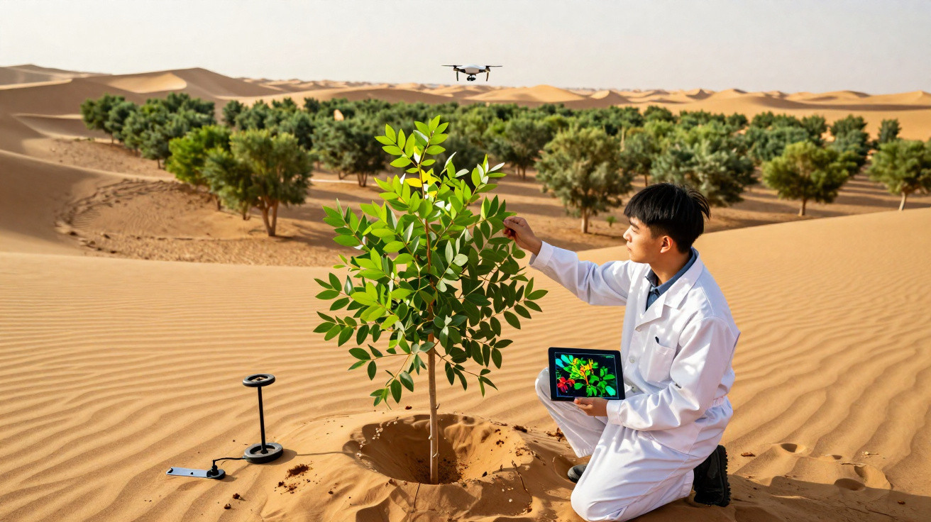 Jeune scientifique en tenue blanche analyse un jeune arbre dans un désert avec un drone volant en arrière-plan.