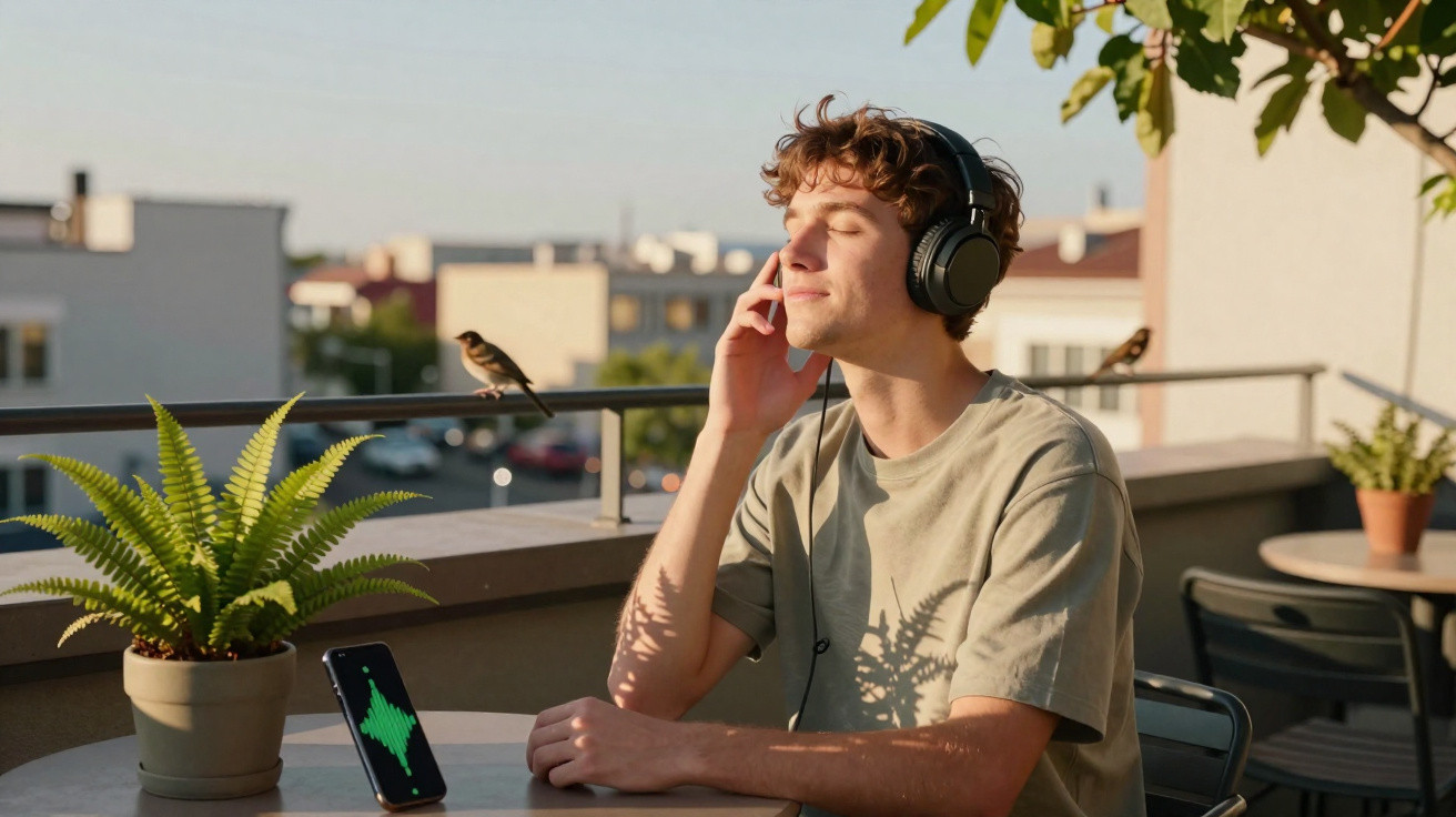 Jeune homme détendu portant un casque audio, assis à une table extérieure avec un smartphone et des plantes.