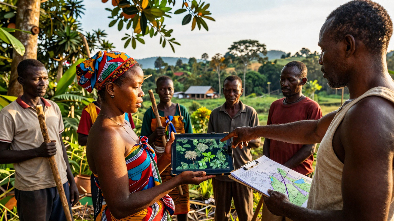Un groupe de personnes en plein air étudie des plantes sur une tablette et des plans papier dans un paysage verdoyant.