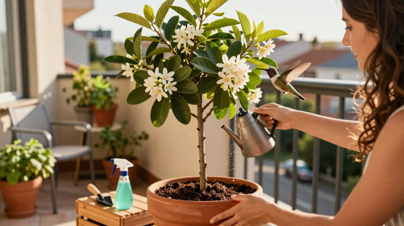 Femme arrosant une plante fleurie en pot sur un balcon avec un colibri posé près de l'arrosoir métallique.