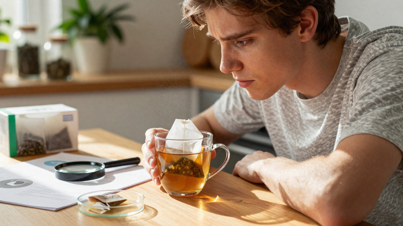 Jeune homme examinant une tasse de thé avec un sachet infusant assis à une table en bois clair.
