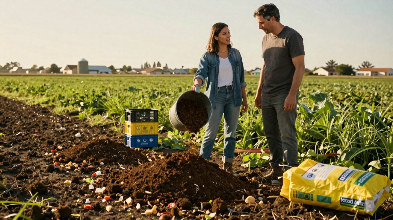 Deux agriculteurs travaillent la terre d’un champ avec des plants et du compost sous un ciel clair.