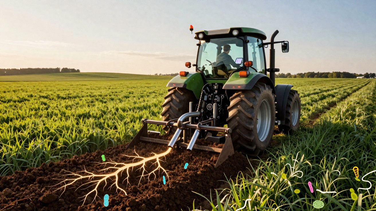 Tracteur vert labourant un champ au coucher du soleil avec illustration des racines et micro-organismes dans le sol.