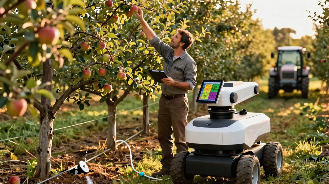 Agriculteur utilisant une tablette pour récolter des pommes avec un robot d'agriculture autonome dans un verger moderne.