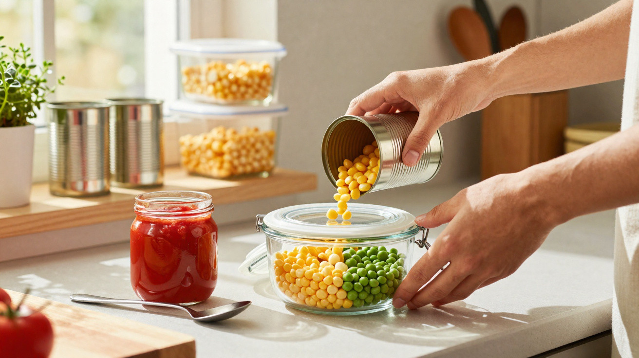 Main versant des petits pois jaunes dans un bocal en verre avec des petits pois verts sur un plan de travail.