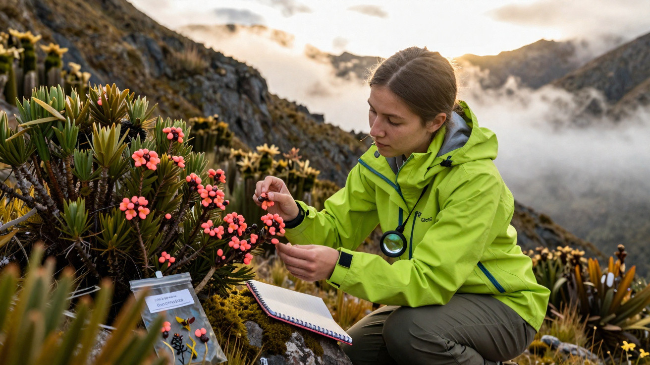 Femme en veste verte récoltant et étudiant des fleurs roses en montagne au coucher du soleil.