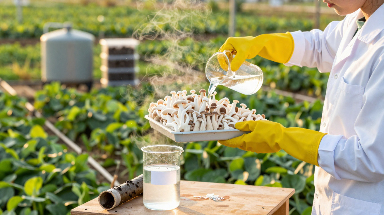 Personne avec gants jaunes arrosant des champignons sur un plateau dans un environnement agricole en plein air.
