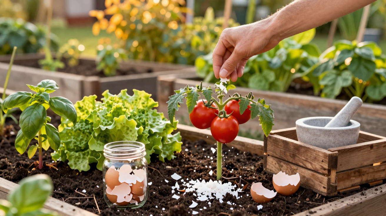 Main apportant des coquilles d'œufs broyées comme engrais à une tomate cerise dans un potager urbain.