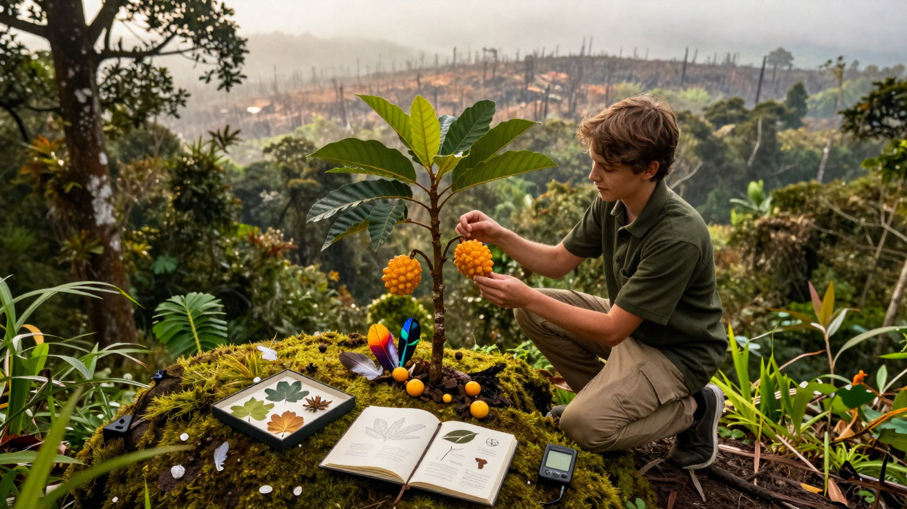 Jeune homme examinant un fruit orange sur un petit arbre dans une forêt, avec un livre et des feuilles étalés.