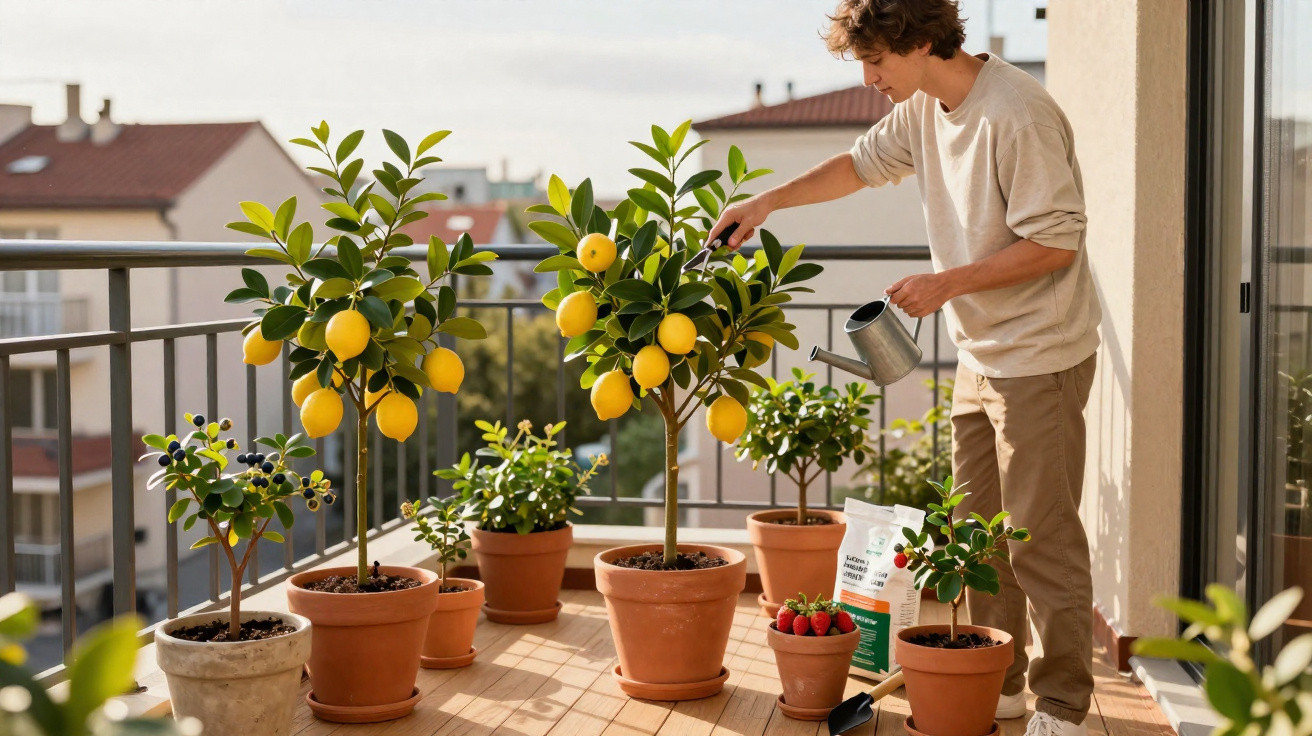 Jeune homme arrosant des plantes citronniers et fraisiers sur un balcon ensoleillé en ville.