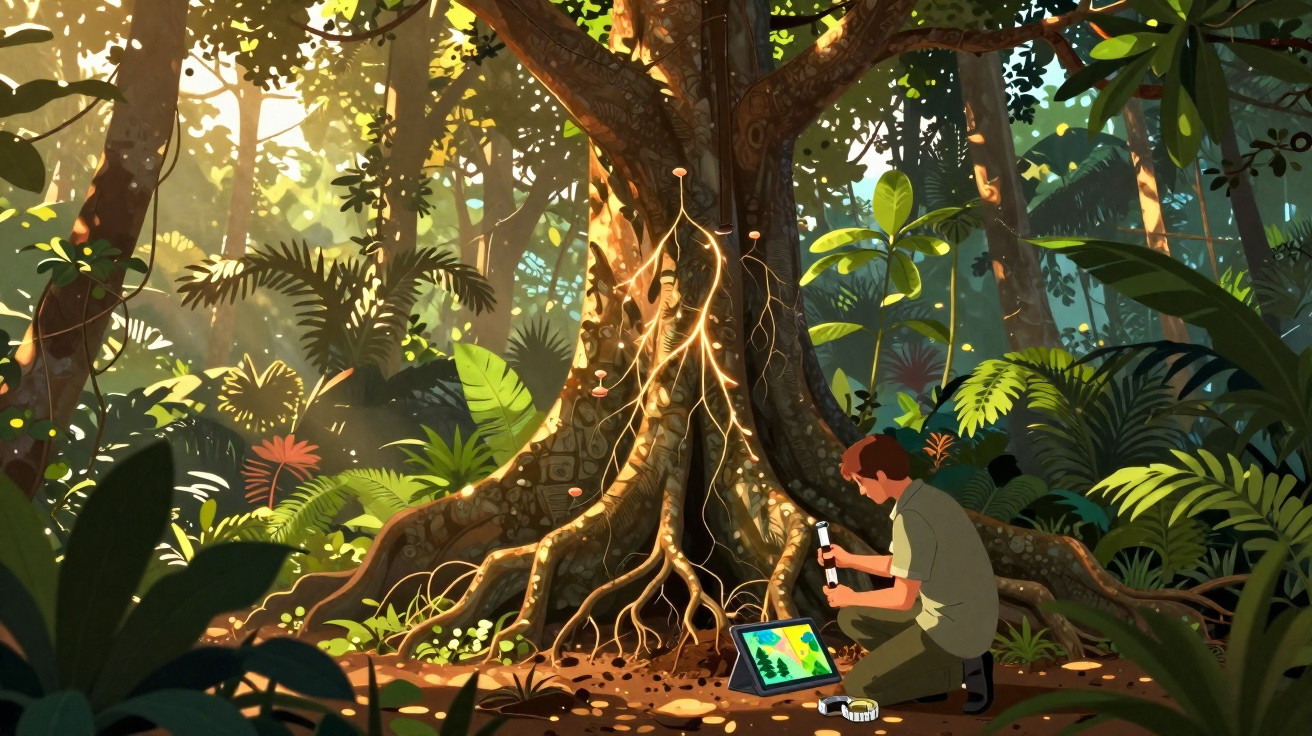 Scientifique analysant un grand arbre en forêt tropicale avec tablette et appareil de mesure.