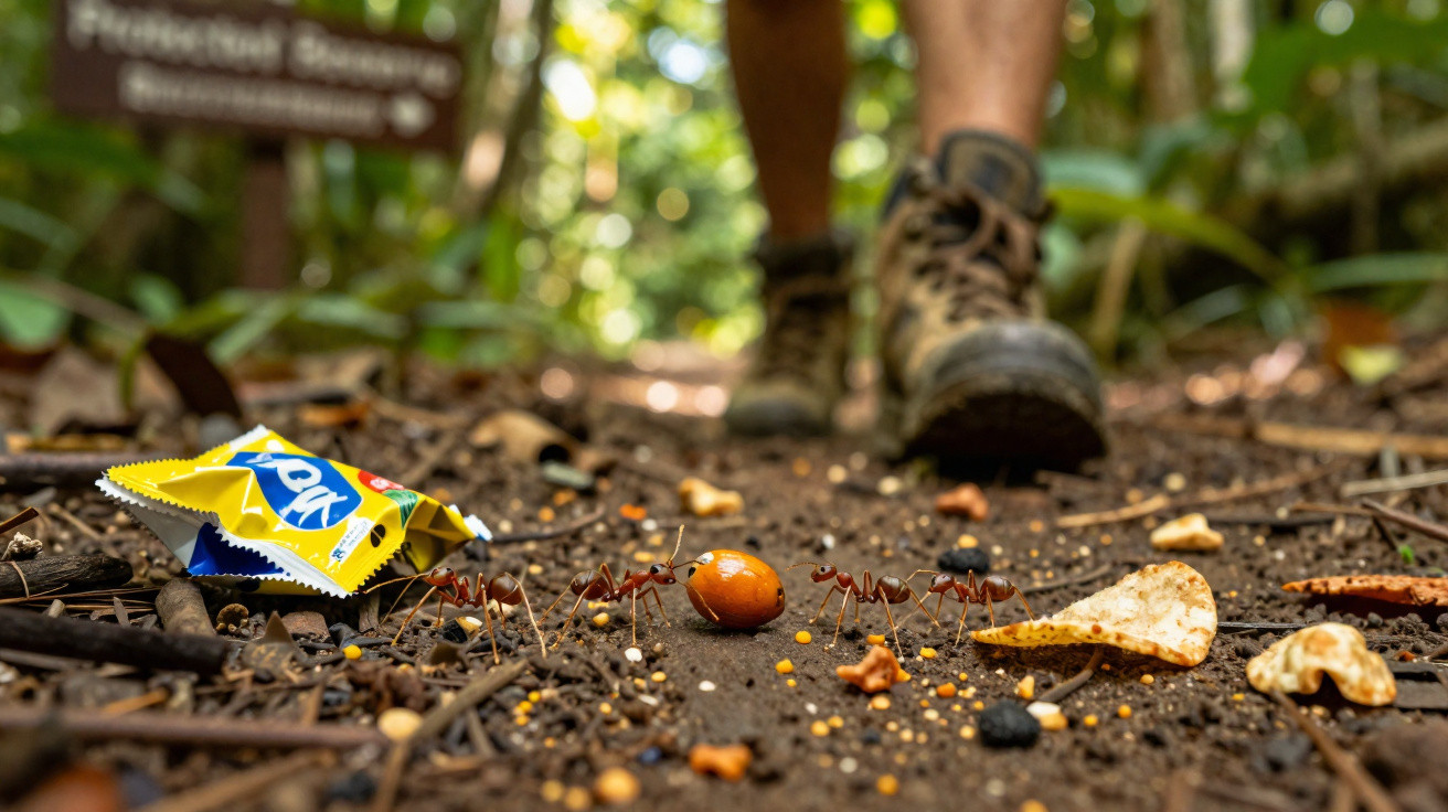 Gros plan d’une fourmi transportant une graine parmi des déchets et des miettes sur un sentier forestier.